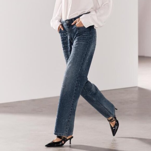ZARA SS24 STRAIGHT CUT MID RISE RHINESTONE JEANS ZW COLLECTION 4877/047 018/273 - Picture 4 of 16